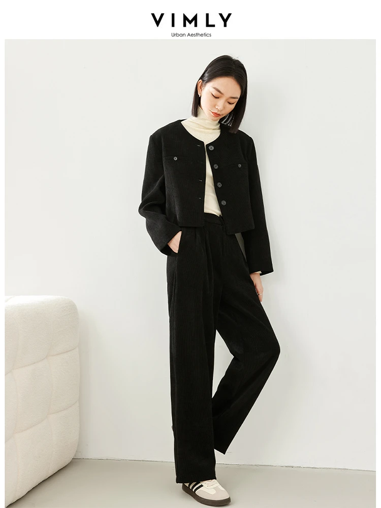 Vimly Black Corduroy Pant Sets 2 Piece Matching Sets Women Spring Cropped Quilted Jacket High Elastic Waisted Wide Trouser M5652