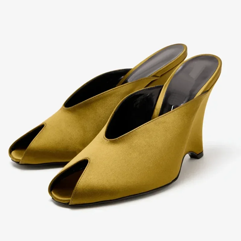 Zapatillas de satén con cuña y punta cuadrada, estilo peep toe, sexys, lisas, sin cordones, personalizables, últimas novedades, zapatos modernos de moda para mujer.