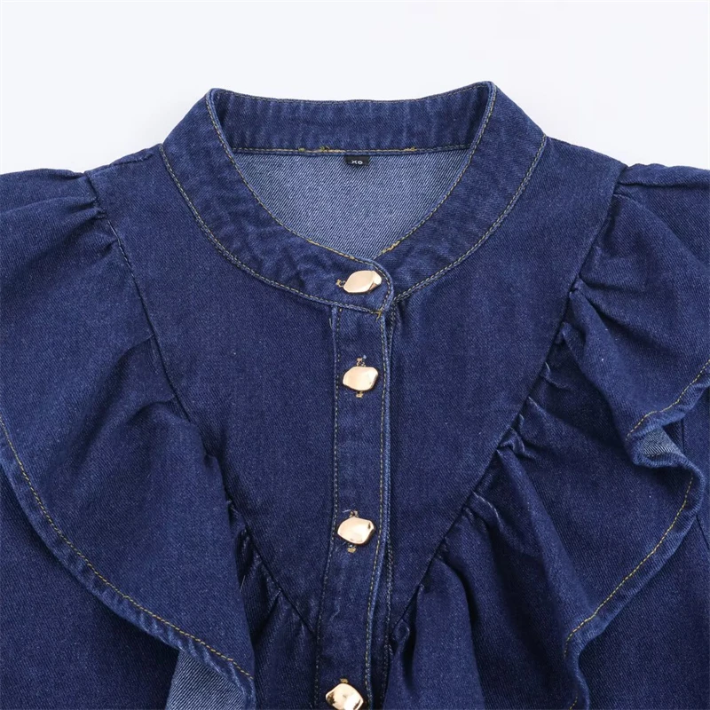 KEYANKETIAN الخريف جديد الملابس النسائية الرجعية الدنيم كشكش حافة الطبقات الديكور واحدة الصدر قميص دينيم للنساء #3