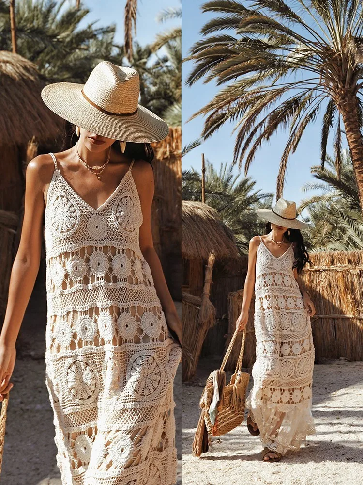 Vacation-style crocheted openwork mesh knitted halter dress