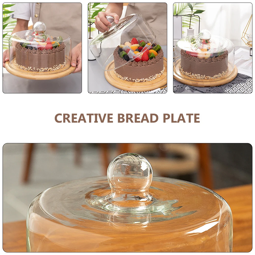 

1 pc Cake Display Plate Bamboo Food Tray With Glass Cover Household Dessert Serving Stand Multipurpose Snack Tray Stable Bread
