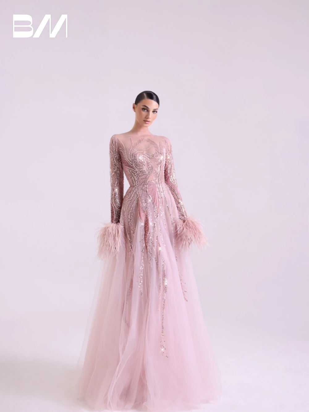 

Blush Pink Lace Embroidery Prom Dress Beads Zipper Back Feathered Women Evening Dresses Cocktail A-line Formal Events Customized