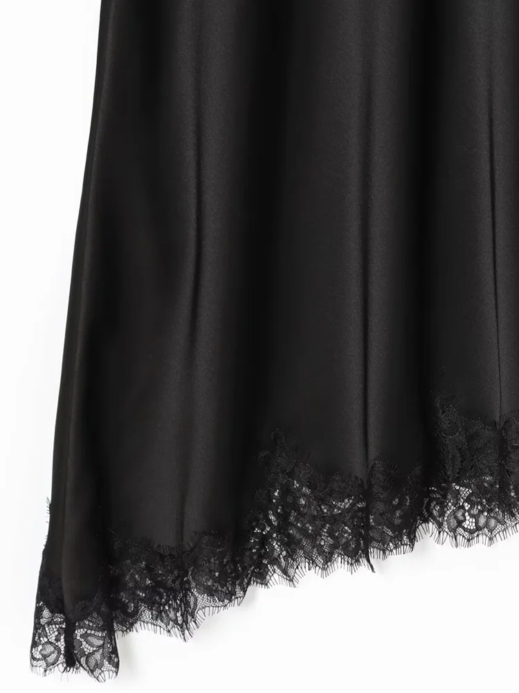 女性のセクシーなサテンレース非対称ドレス V ネック薄いストラップファッション女性ドレス