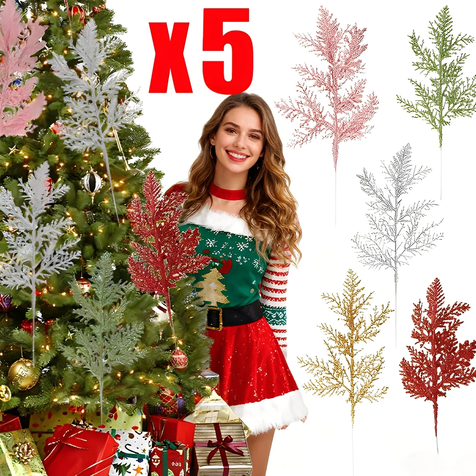 5Pcs Glitter Gold Blätter Weihnachten Baum Hängen Ornament Blume Künstliche Pflanzen Kiefer Zweige Weihnachten Dekoration für Home Navidad