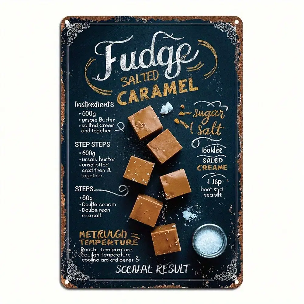 Letrero de pared de Metal Vintage, receta de caramelo salado, decoración de cocina Retro, arte de garaje para el hogar, fácil de colgar