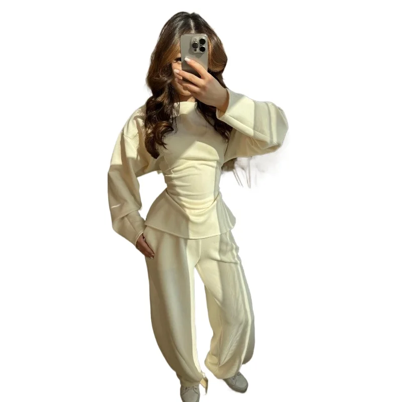 2026 Cross-border Europe America Foreign Trade Women's Clothing Crew Neck Long Sleeve Simple Lace-up Slim Top Wide Leg Pants Set