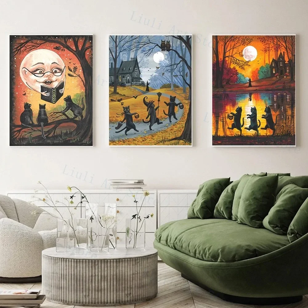 ملصق مطبوع على القماش عالي الدقة ، فن جداري ، ساحرة للهالوين ، مخيف ، قطة سوداء ، للحفلات ، المنزل ، في الهواء الطلق ، غرفة النوم ، اللوحة الزخرفية