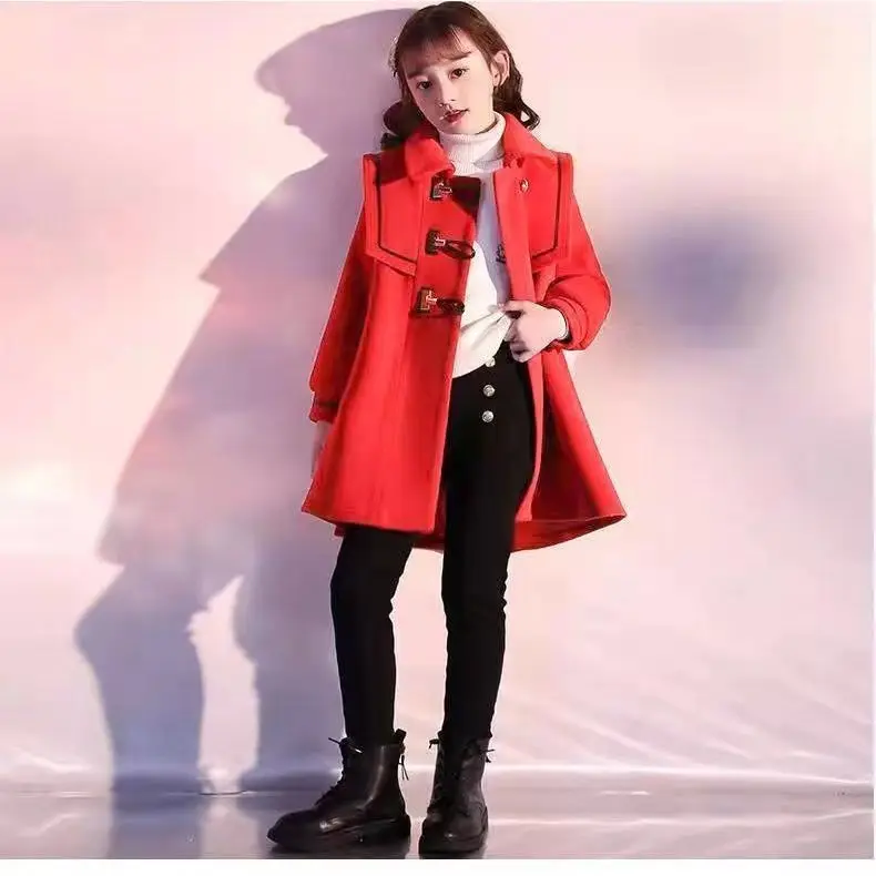 England Style Fashion Red Girls Coats Woolen Jacket Long Coats Thick Wool Coat Girl Winter Clothes for Girls New Year Clothes