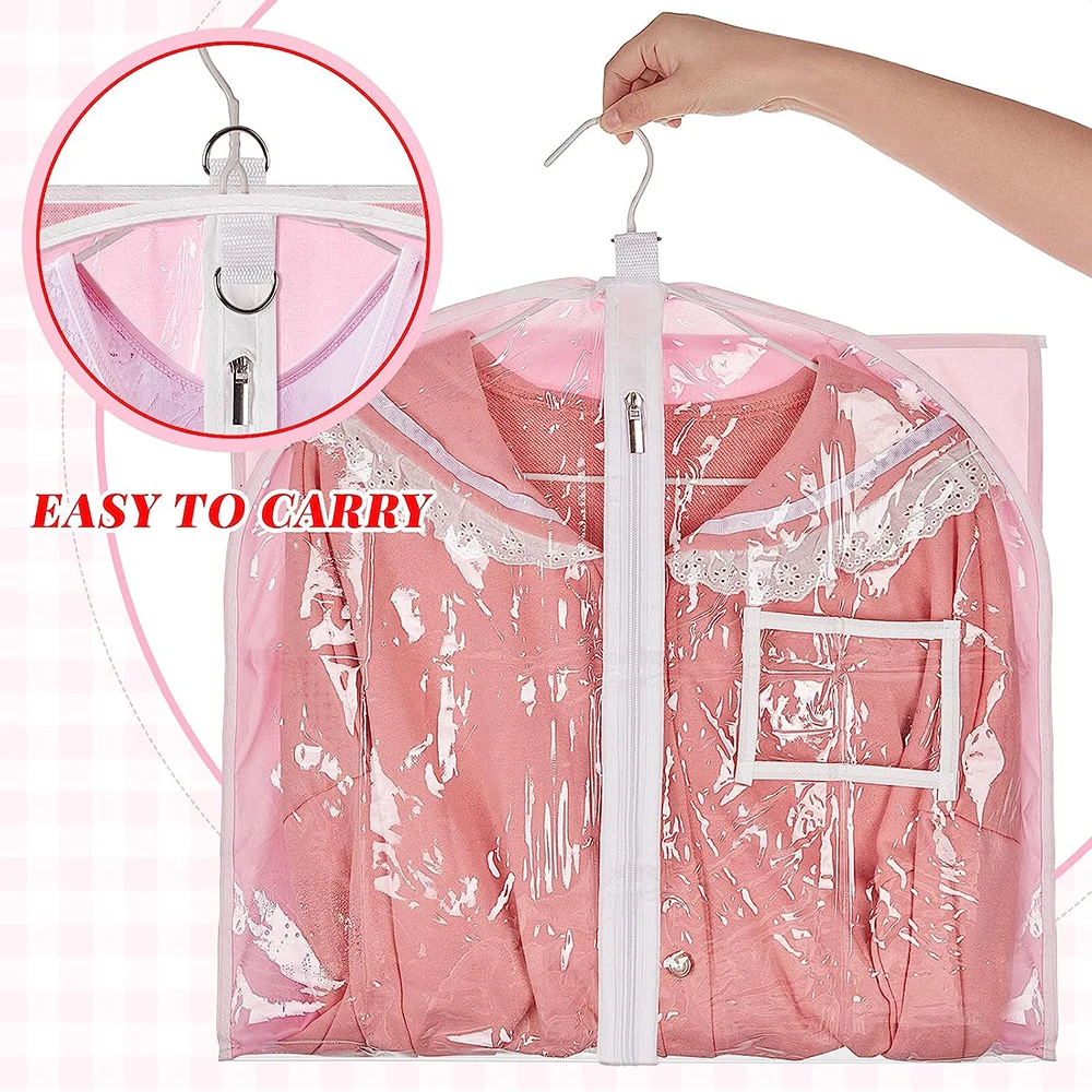 Pink Garment Bags for Dance Costume Foldable Dance Dress Bag with Zipper Pockets Transparent Storage Organizer Dress Cover