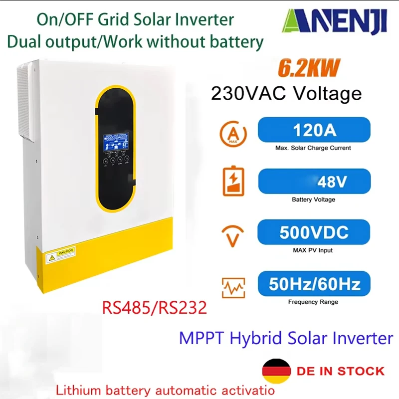 6.2KW Hybrid Solar Inverter 230Vac 48V Pure Sine Wave On Grid Dual Output 120A MPPT Solar Charge Controller PV 500VDC with Wifi