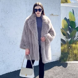 Loose Faux Fur Jacket Coat Women Winter Jacket Furry Warm Lapel Mid Long Faux Fur Coat Luxury Fur Jackets for Women Coats Tops