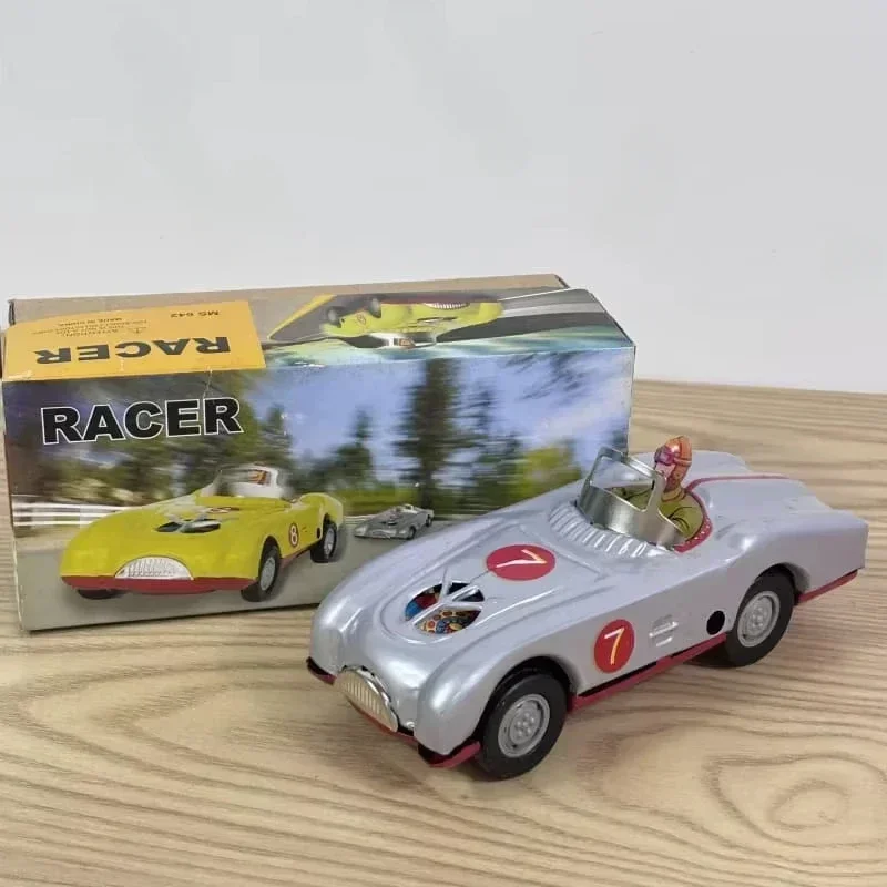 [Funny] Adult Collection Retro Wind up toy Metal Tin Racer on Racing car Mechanical Clockwork toy figures model kids baby gift