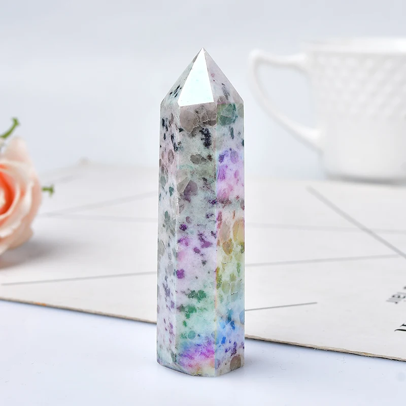 1PC Natural Aura Kiwi Jasper Quartz Crystal Point Wand Healing Stone Meditation Home Decor Reiki Polished Stone Chakra Tower