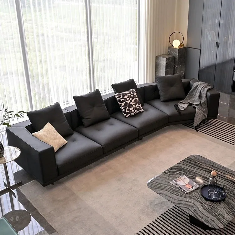 Italian minimalist large flat-floor living room sofa first layer cowhide high-end corner special-shaped leather sofa black