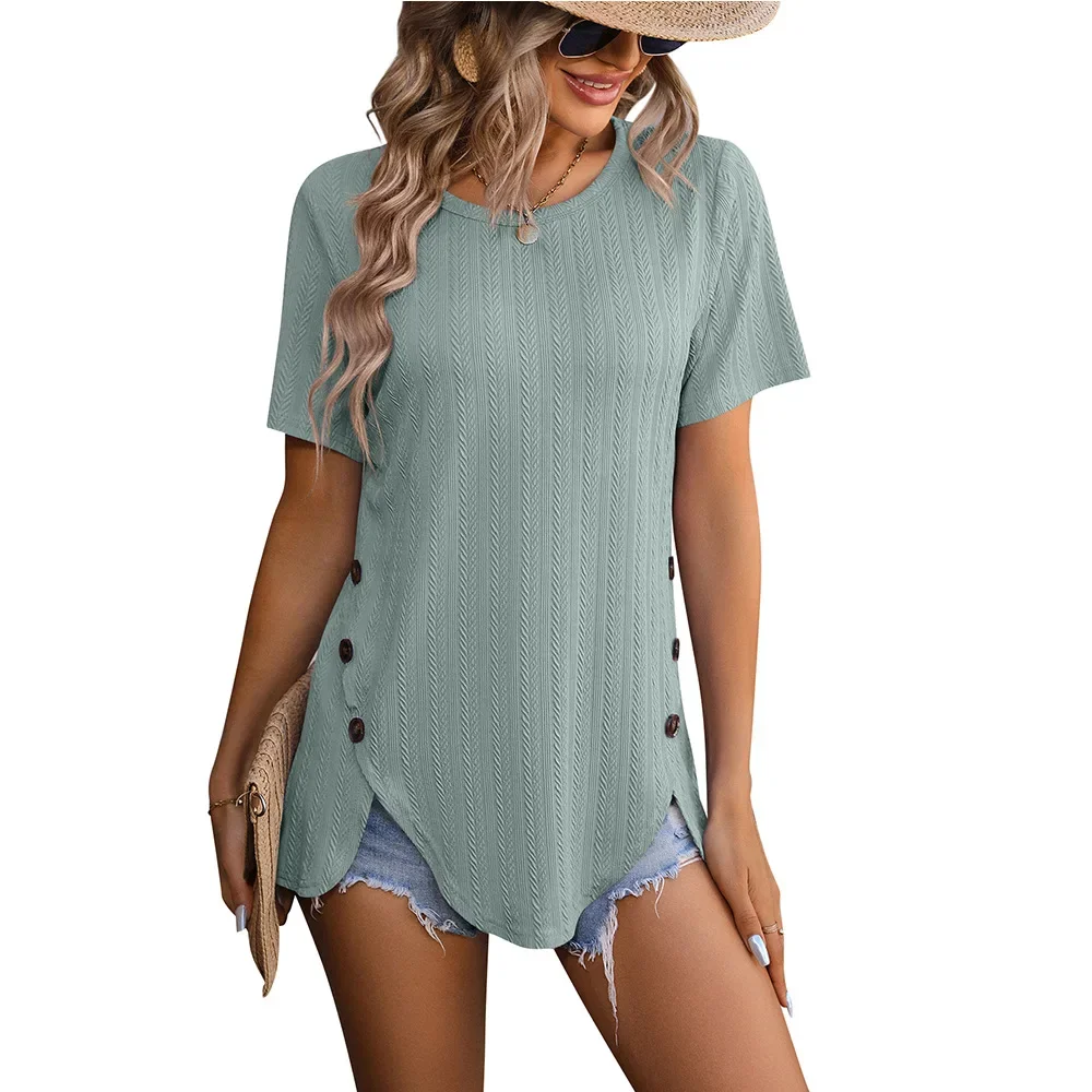 Solid Color Summer New Women Round Neck Wheat Ear Printing Tops Short Sleeved Button Loose Casual Irregular Comfortable T-shirt