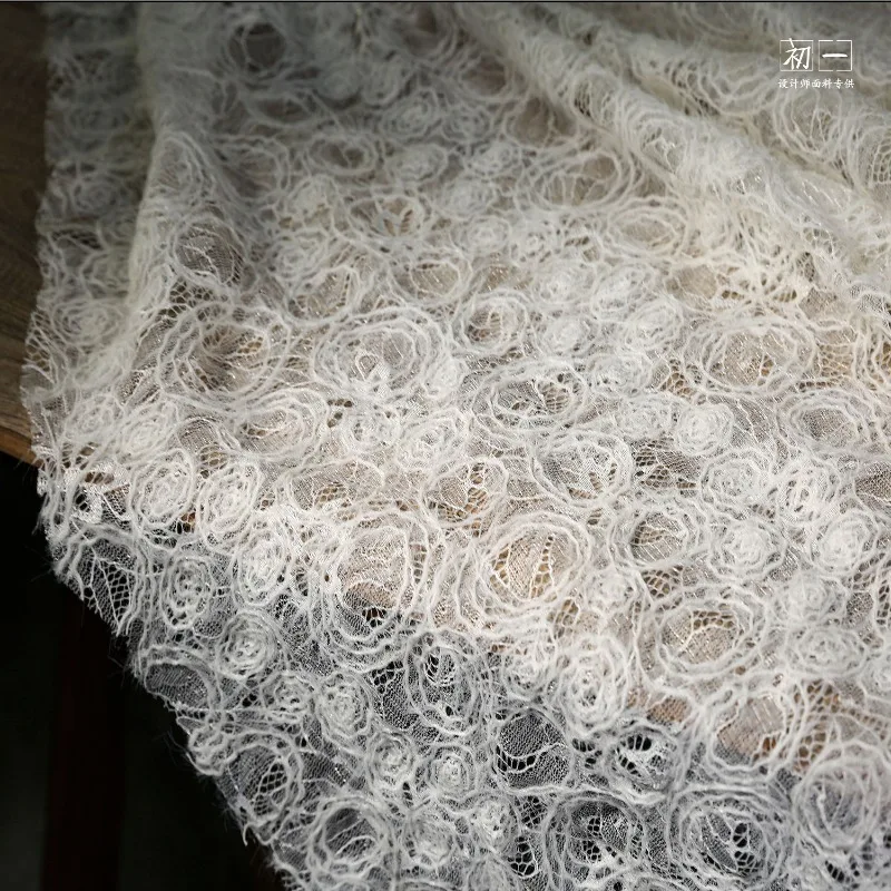 

White Plush Embroidered Lace Jacquard Fabric for Perspective Dress Clothing Veil Design Cloth Diy By The Meter Sewing Material