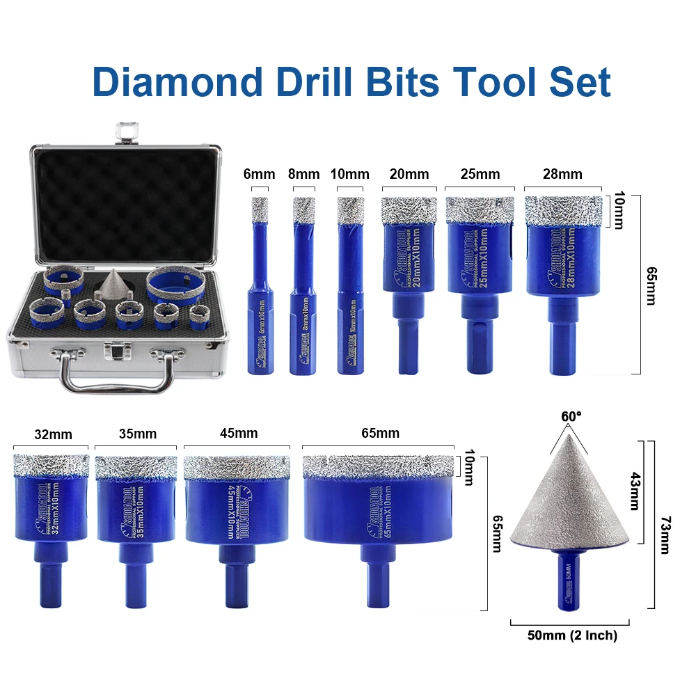 SHDIATOOL 11pcs Diamond Drilling Milling Bits Kit 6/8/10/20/25/28/32/35/45/65mm Triangle Shank Drill Crowns+50mm Chamfer Taper