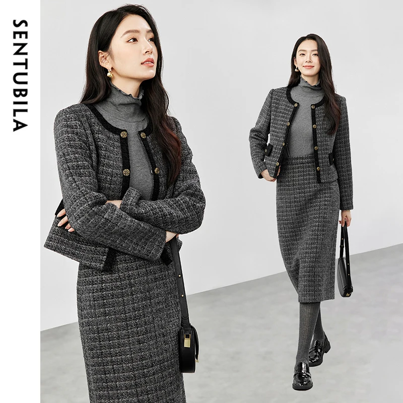 SENTUBILA 2 Piece Sets Women Outfit Spliced Crop Woolen Jackets Straight Slit Skirt High 2024 New in Matching Sets 144Z57545