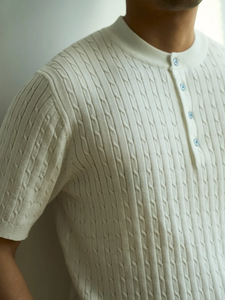 

American Casual Knitted ort Sve T-irt Men Summer Retro New Sle Ameikaiji Versatile Casual Top Henry Collar Design