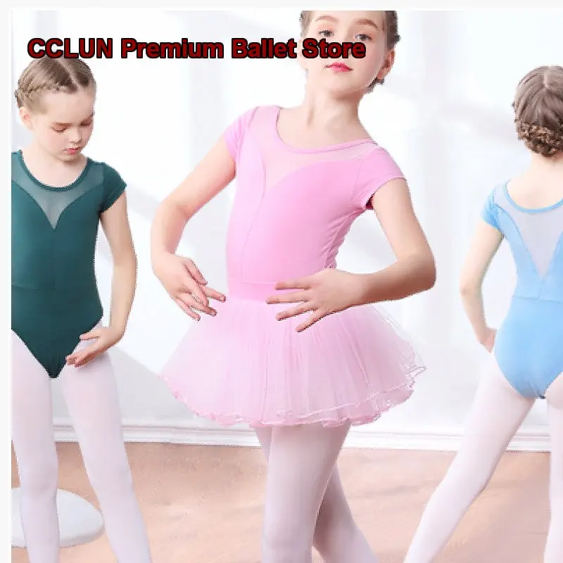 Girls' Practice Leotard Short Sleeves Mesh Open Crotch Split Puffy Skirt Summer Dance Dress Kids
