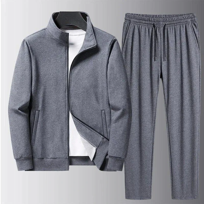 Spring Autumn Men Solid Color Tracksuit 2-Piece Outfit Stand Collar Full Zip Jacket Straight Sweatpants Loose Casual Sports Set