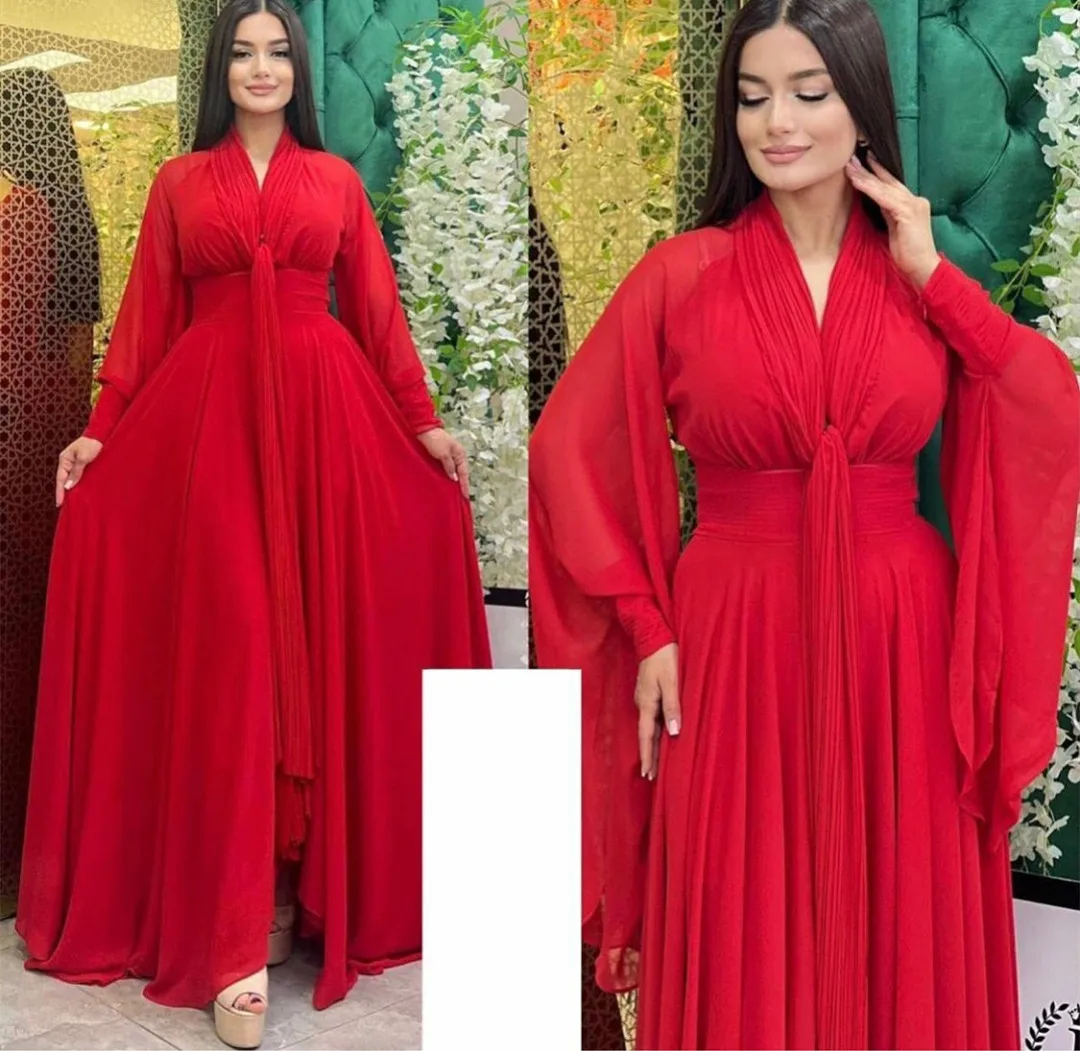 Robes de Rhen mousseline de soie à col en V pour invité de mariage, robe de soirée à manches longues, longueur rinçage, grande taille