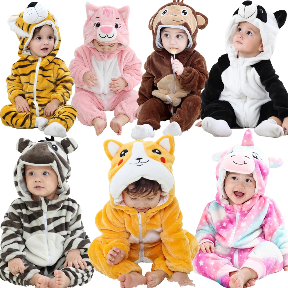 0 to 1 2 3 4 Years Kids Kigurumi Rompers Winter Hooded Cartoon Jumpsuit Baby Clothes Children Animal Cosplay Costumes  Jumpsuits