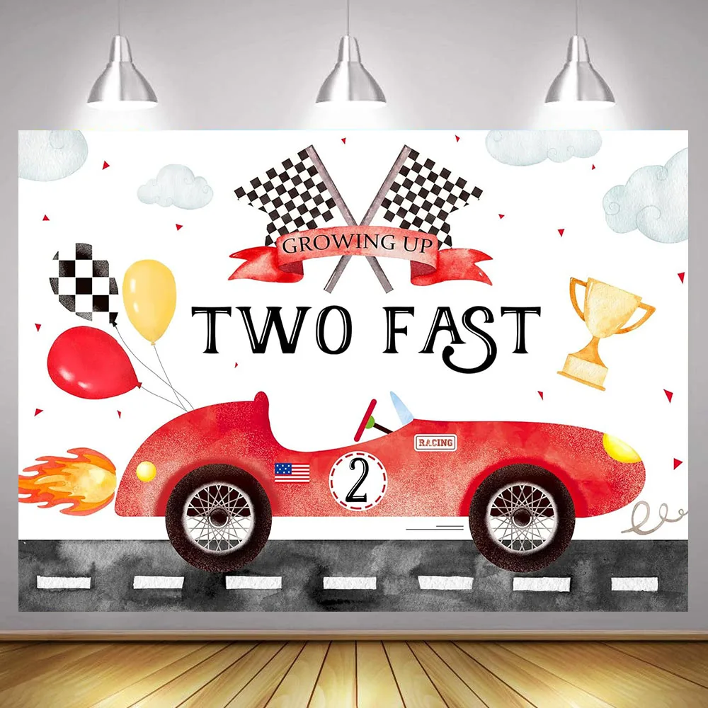 Racing Car Theme Backdrop for Boy Girl Two Fast 2nd Birthday Party Decoration Banner Blue Pink Red Photography Background Vinyl