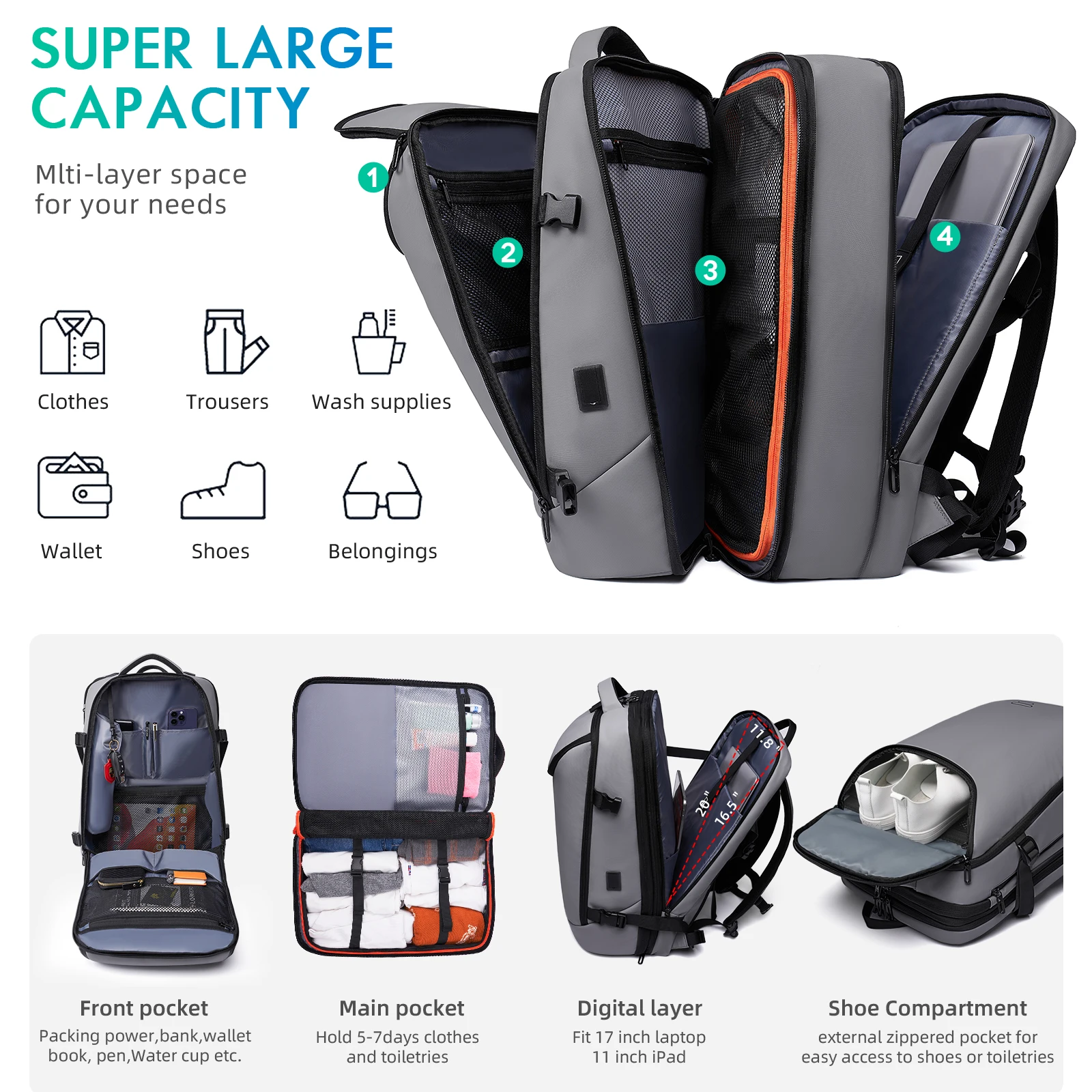 

2026 Expandable Travel Backpack 50L Large Capacity Laptop Backpack Fits 17.3 Inch Water-resistant Business Backpack