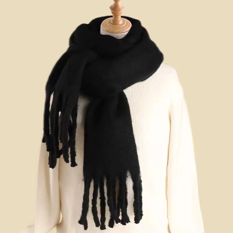 Winter Scarf Women Luxury Autumn Winter Cashmere Scarf Thickened Warm Shawl Classic Tassels Fluffy Scarf Solid Color Soft Shawl