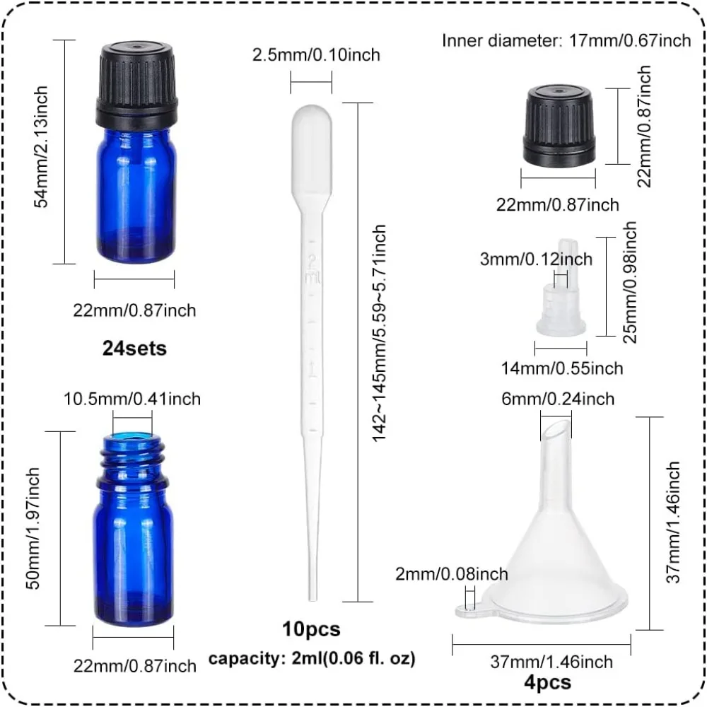 24Pcs Essential Oil Glass Bottles 5ml Blue Essential Bottle with 10 Droppers and 4 Funnels Essential Balm Bottle