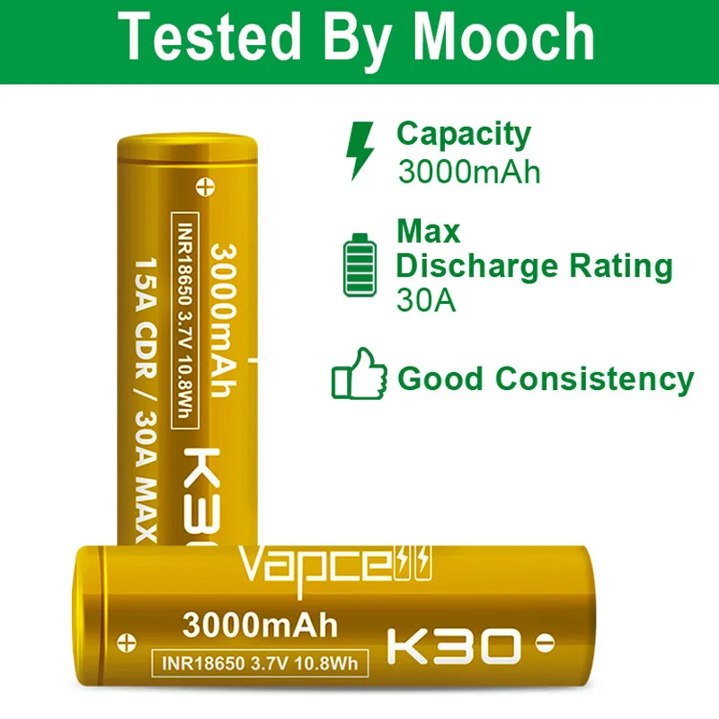 High Quality Vapcell 18650 K30 Battery 3000mah Rechargeable Lithium Batteries Good Performer INR18650 15A/30A 3.7V 10.8Wh Cell