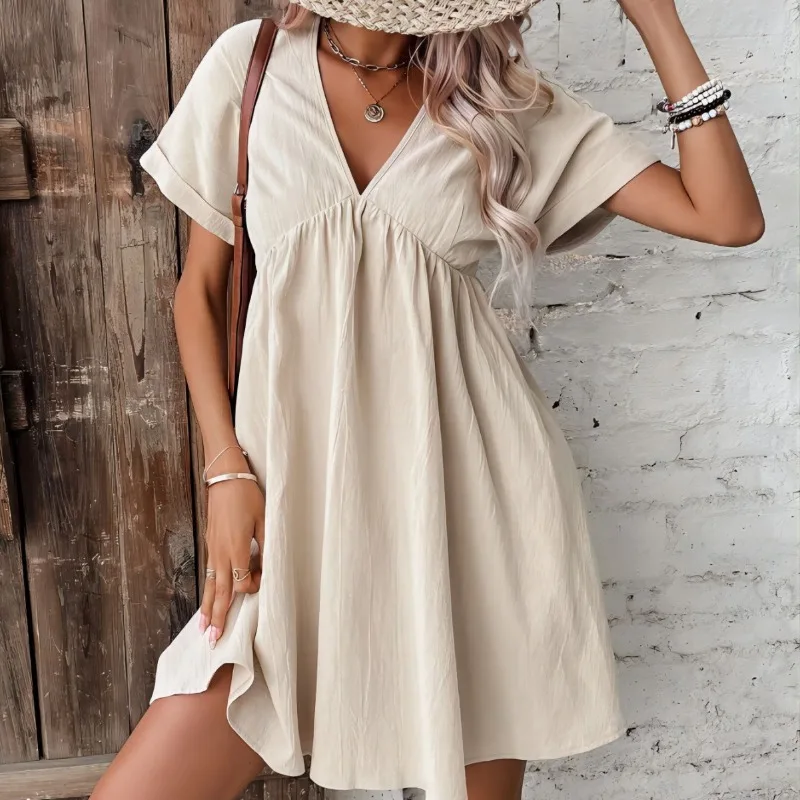 

Women Elegant Short Sleeve Solid A-Line Dresses Summer Mori Style V-Neck Chic Casual Retro Vintage Holiday Mini Dress Cotton