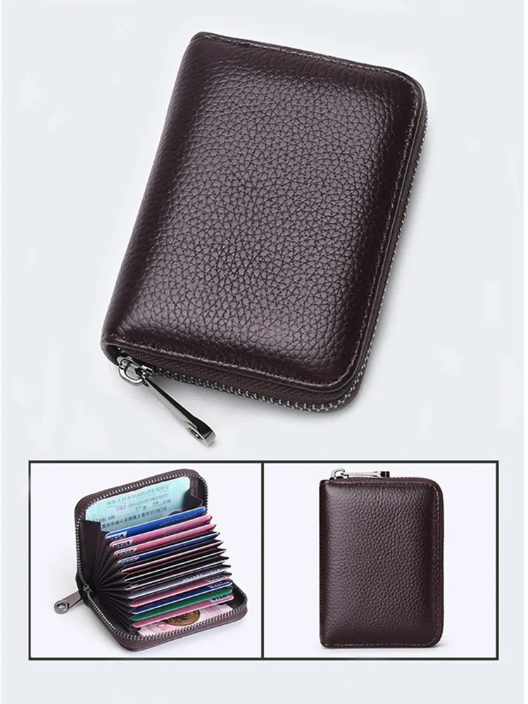 Genuine Leather Men Women Mini Short Wallet Cow Leather Coin Purse Solid Card Holder 20 Detents Card Slots Double Zipper Pocket