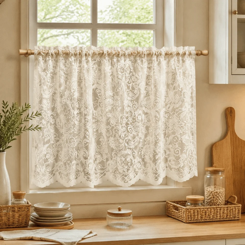 New Privacy Cover Short Curtain Pearl Breathable Lace Curtain Dustproof Vintage Door Curtain Kitchen