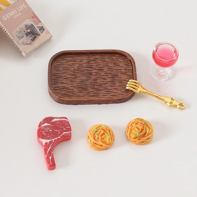 1 conjunto de casa de bonecas simulado bife vidro vinho tinto macarrão kit modelo casa de bonecas cozinha comida decoração brinquedo casa bonecas accessoreis