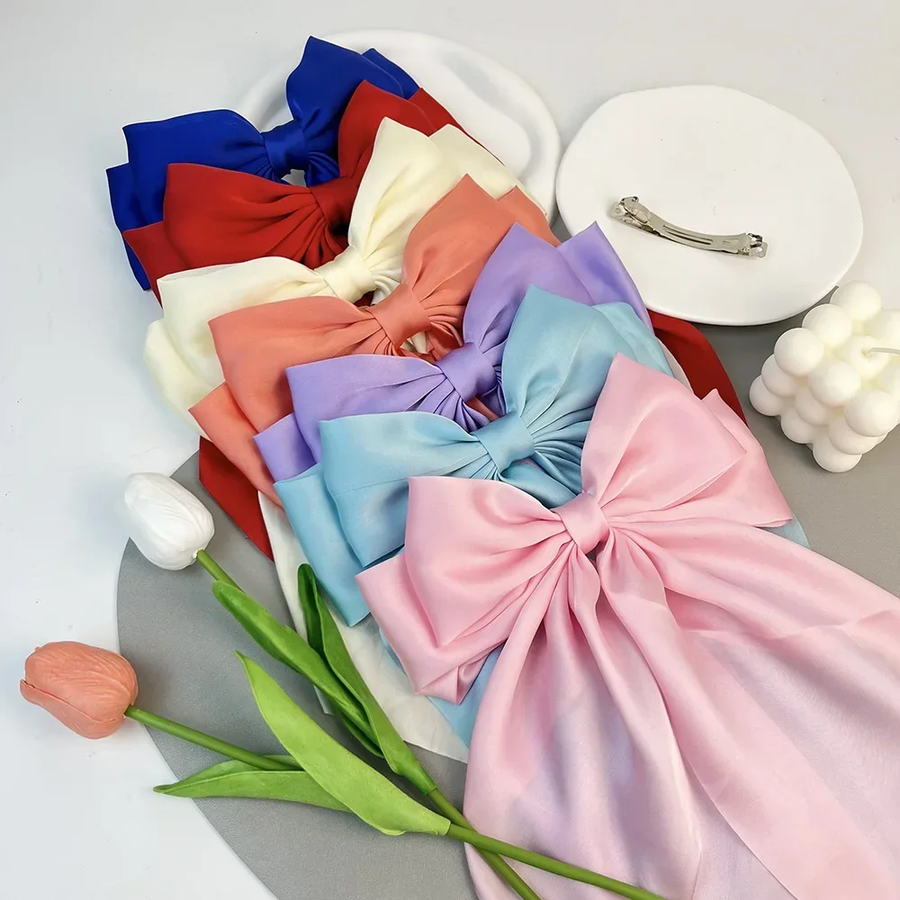 Fermaglio per capelli con fiocco in chiffon Donna Grande fiocco in raso Forcina Barrettes Ragazze Tinta unita Clip per coda di cavallo Accessori per capelli Copricapo Regalo