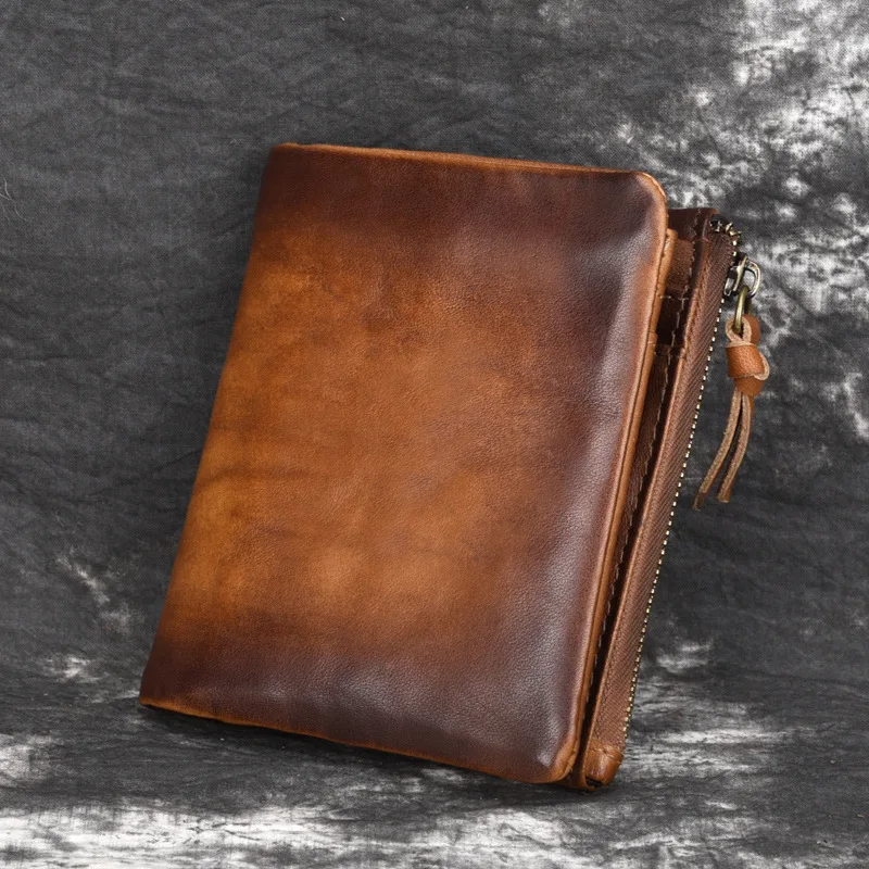 Retro double-zipper men's wallet, genuine leather coin pocket card holder, multi-functional short business wallet