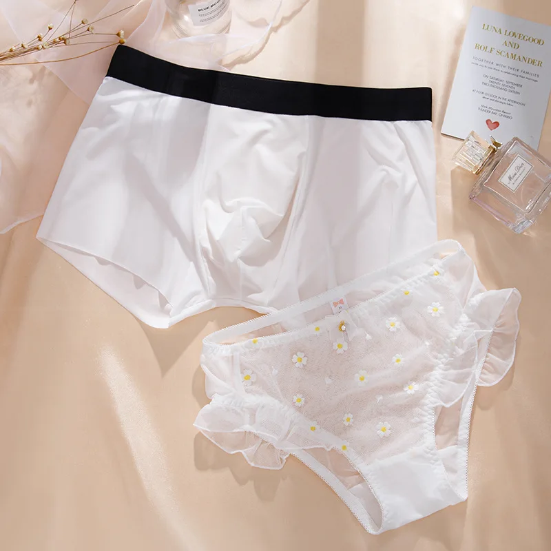 Cute Couple Underwear Set 2Pcs Men Boxer Shorts Loli Lace Women Panties Cozy Lingerie Lovers Underpants Transparent Lingerie