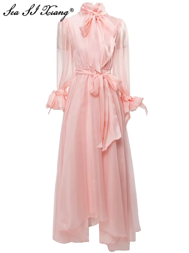 

Seasixiang Fashion Designer Spring Summer Chiffon Dress Women Stand Collar Flare Sleeve Belt Pink Vintage Party Dresses