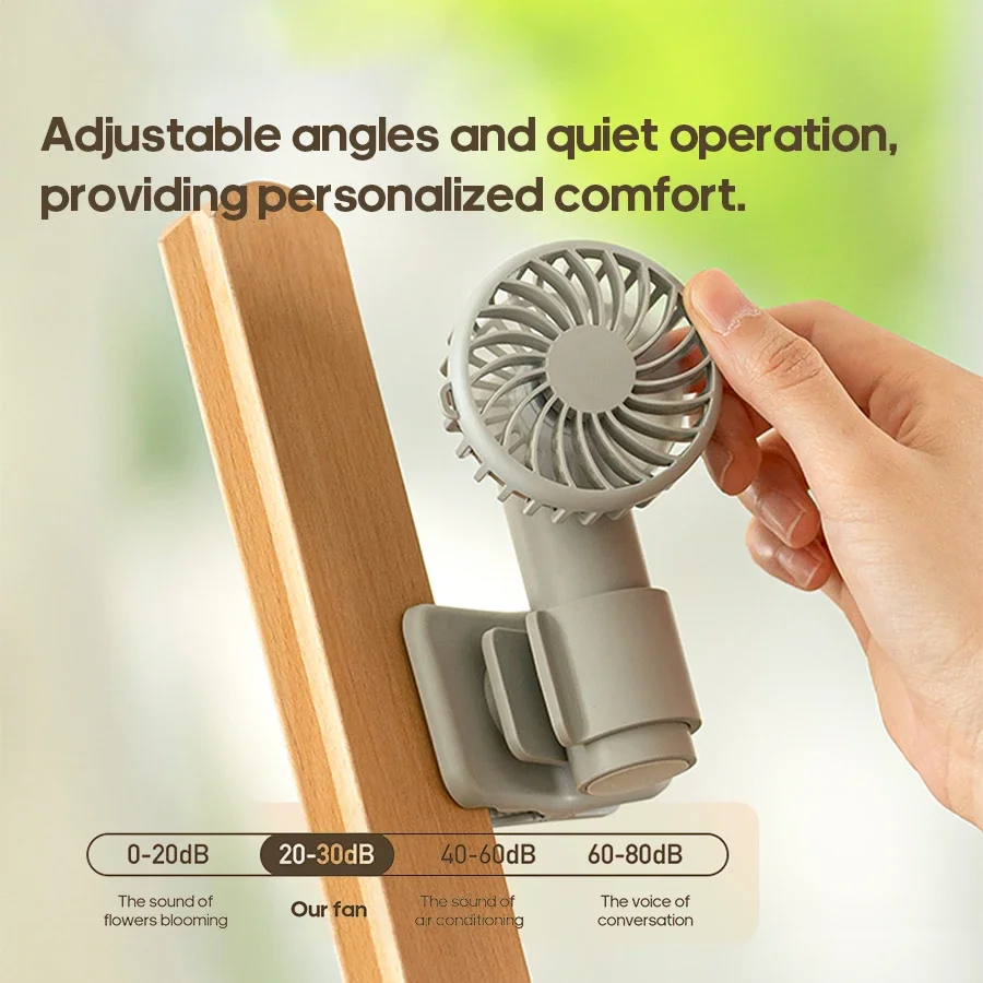 3 Speed Adjustable Rechargeable Cooling Fan 1000mAh Low Noise Portable Mini Clip Fan with Removable Design Travel Home