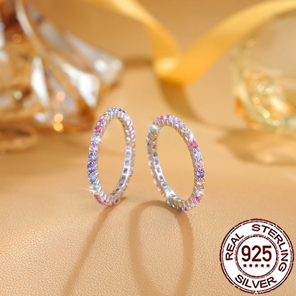 QooLady 925 Sterling Silber zierliche, funkelnde, mehrfarbige, stapelbare Regenbogenringe mit Zirkon für Damen, trendiger edler Schmuck SR114 – Detail 7