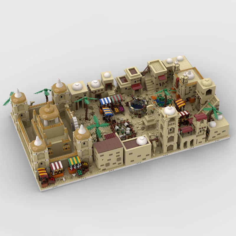 8863PCS Desert Village MOC DIY-modelbouwstenen – modulaire handelspaal met 20 structuur en kameelstal