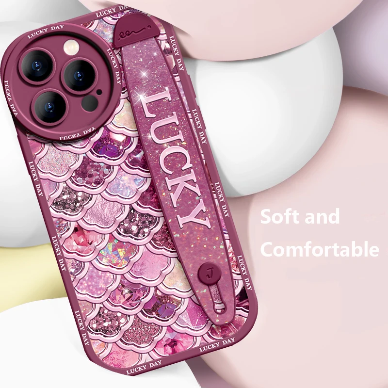Deluxe Wrist Band Bracket For Iphone 15 14 13 12 11 Pro Max X XR Xs Soft Silicone Cell Phone Case Anti-fall Shiny Shells