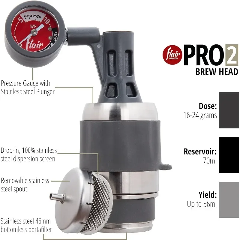 Espresso Maker PRO 2 (negro)-una palanca manual, máquina de espresso con cabezal de acero inoxidable y manómetro