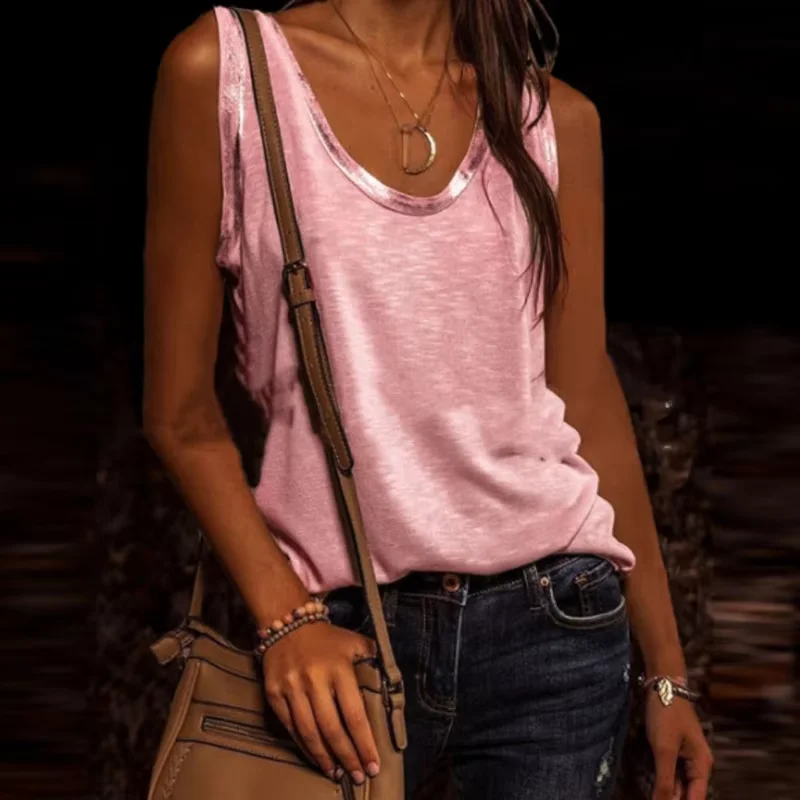 Nieuwe mouwloze patchwork chique dames tops dames zomer eenvoudige o hals losse blouse shirt casual basic truien blusas streetwear