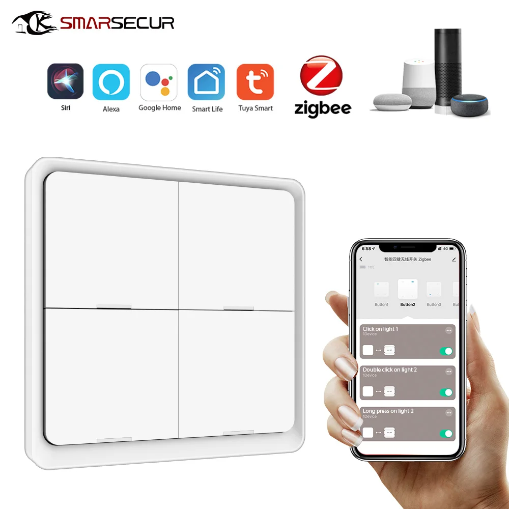 

Smarsecur Tuya ZigBee Wireless Smart Scene Switch 4 Gang Support Assistant Home Automation