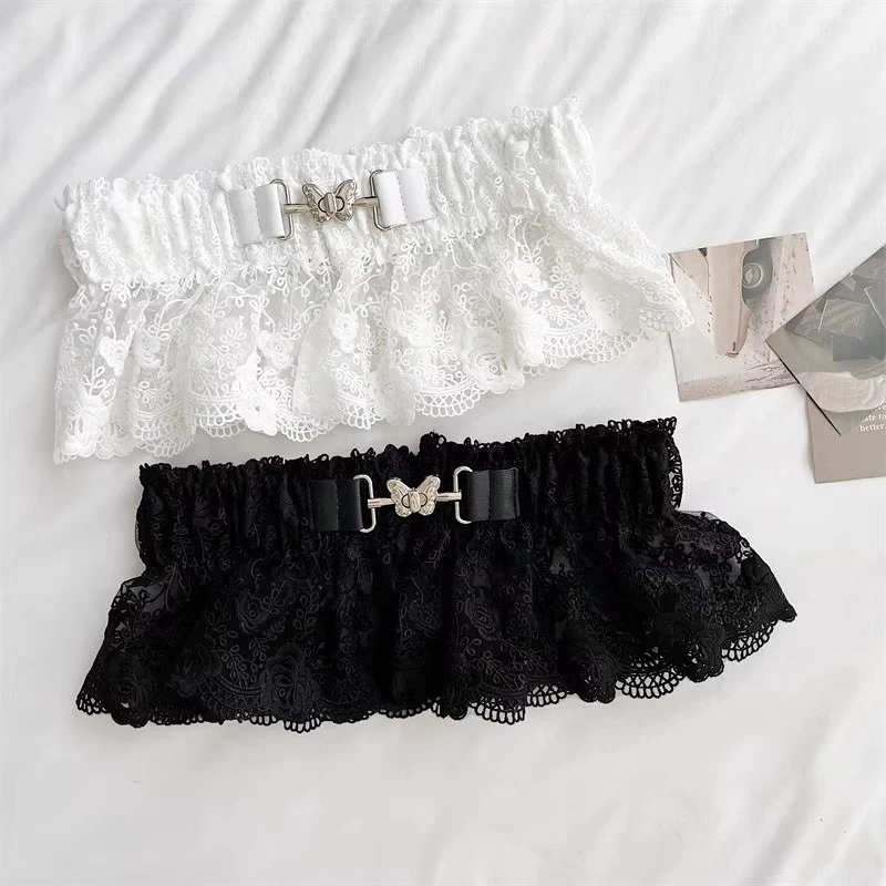 เข็มขัดรัดเอวผู้หญิงแบบลูกไม้ฝรั่งเศส หัวเข็มขัดรูปผีเสื้อ สำหรับชุดเดรส  ผ้าลูกไม้ซ้อนเป็นชั้นๆ  สายคาดเอวแบบเปปลัม