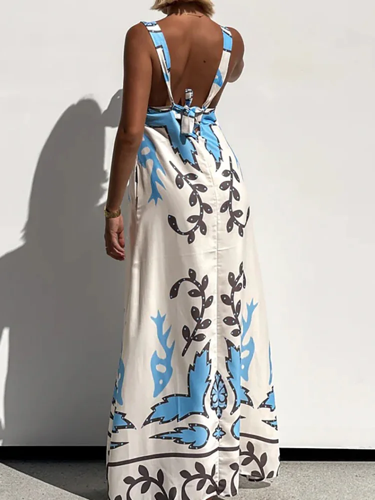 Vestido de fiesta elegante con tirantes finos para mujer, vestido largo con estampado de almazuela y cuello cuadrado, vestido sencillo sin mangas para mujer 2025
