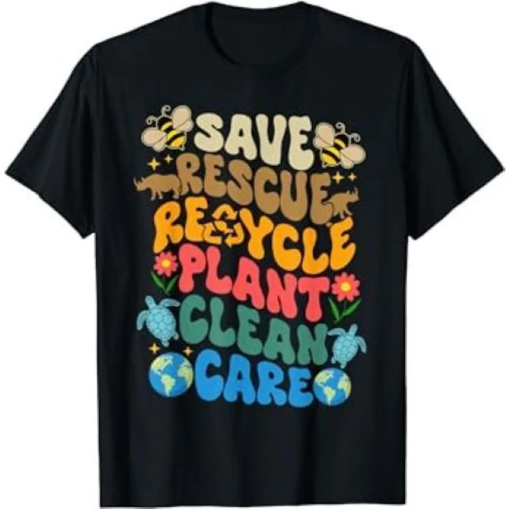 Groovy Save Bees Rescue Animals Recycle Lustiges T-Shirt Unisex Buchstaben Slogan Bedrucktes T-Shirt Herren Damen Rundhals-Baumwoll-T-Shirt